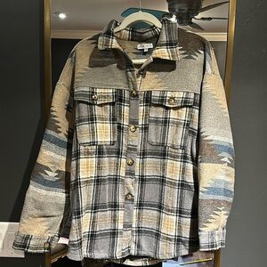 Cute Tan and Gray Flannel Plaid/Aztec Shacket! Size L/XL